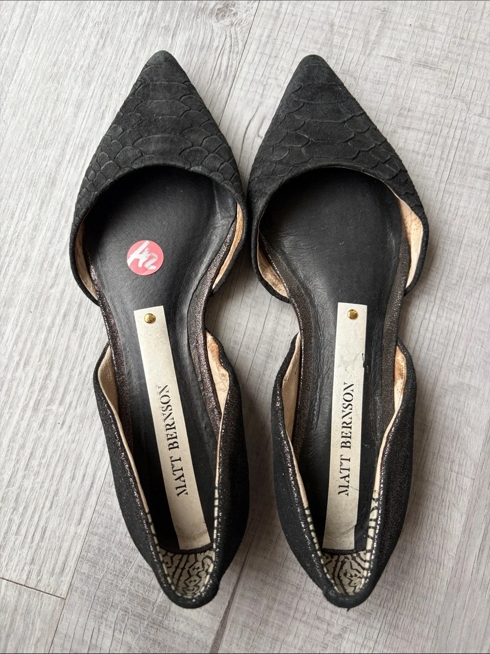 Matt Bernson Black Pointed D'Orsay Flats with Textured Upper, Size 6.